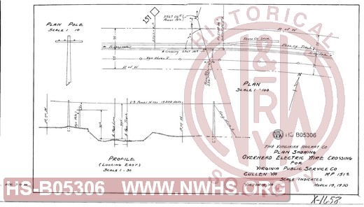 Virginian Railway Co., Sketch showing overhead electric wire crossing of Virginia Public Service Co., Cullen, VA., MP 151.0; Victoria, VA.