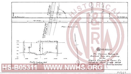 Virginian Railway Co., overhead power wire crossing for the Virginia Electric & Power Co.  MP- 73.4; Jarratt, VA.