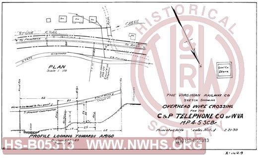 Virginian Railway Co., Sketch showing overhead wire crossing for the C&P Telephone Co. of W.VA Co., MP 4.5, Stone Coal Branch