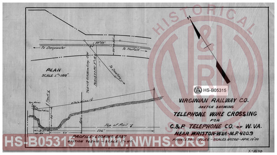 Virginian Railway Co. sketch showing telephone wire crossing for C&P Telephone Co. of W.VA. near Wriston, W.VA; MP-420.9; scales noted.