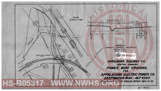 Virginian Railway Co., Sketch showing power wire crossing for the Appalachian Electric Power Co. Deepwater, W.VA- MP 434.7; Princeton, W.VA., scales noted.