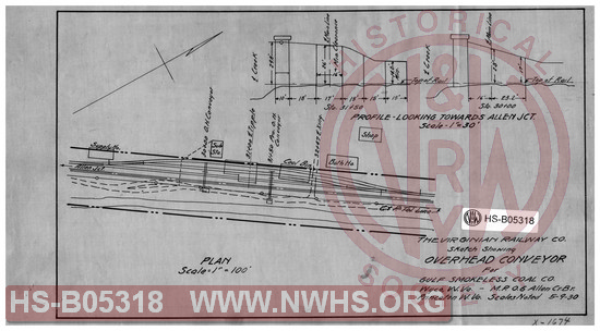 Virginian Railway Co., Sketch showing overhead conveyor for Gulf Smokeless Coal Co., Wyco, W.VA.  MP .06, Allen Cr. Br.; Princeton, W.VA.; Scales noted.