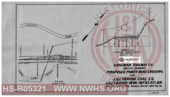Virginian Railway Co., Sketch showing proposed power wire crossing for Lillybrook Coal Co., MP- 8.3, ST. C.Br., Lillybrook, W.VA.
