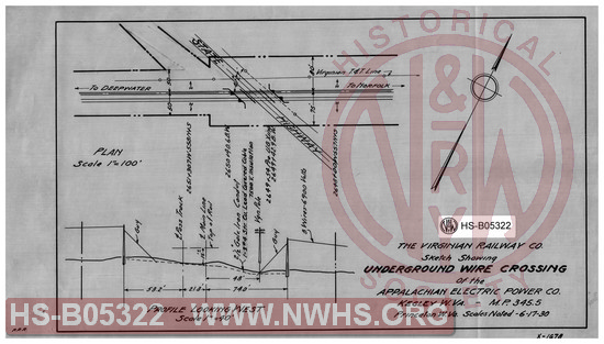 Virginian Railway Co., Sketch showing underground wire crossing; of the Appalachian Electric Power Co., Kegley, W.VA MP 345.5, Princeton, W.VA.; scales noted.