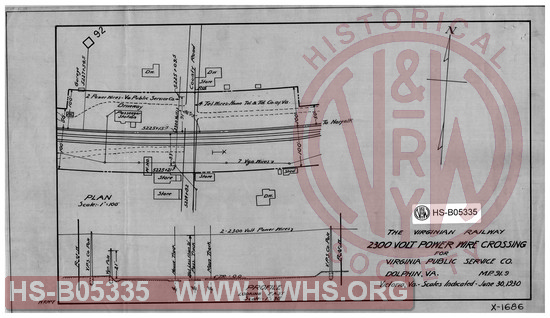 Virginian Railway 2300 volt power wire crossing for Virginia Public Service Co., Dolphin, VA; MP-91.9; Victoria, VA. Scales indicated.