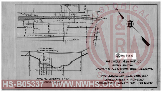 Virginian Railway Co., Sketch showing power and telephone wire crossing for the American Coal Co., America, W.VA; MP-360.5, Princeton, W. VA.