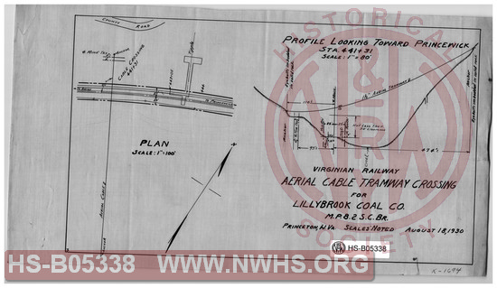 Virginian Railway, Aerial Cable Tramway Crossing for Lillybrook Coal Co., MP-8.2, S.C. Br., Princeton, W.VA, Scales noted.