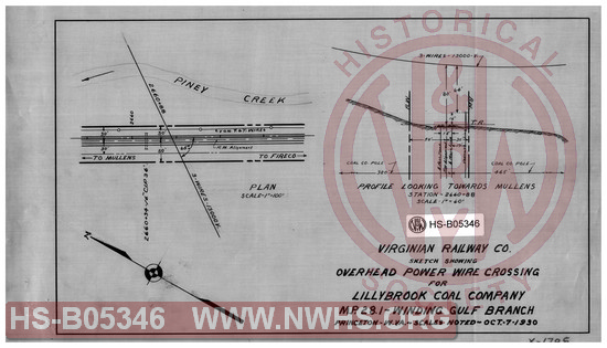 Virginian Railway Co., Sketch showing overhead power wire crossing for Lillybrook Coal Company, MP-28.1, Winding Gulf Branch; Princeton, W.VA., Scales noted.