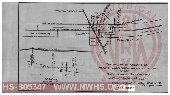 Virginian Railway Co., map showing electric wire line crossing of the Mary Frances Coal Company, Ingram Branch; MP-422.9; scales indicated. Princeton, W.VA.