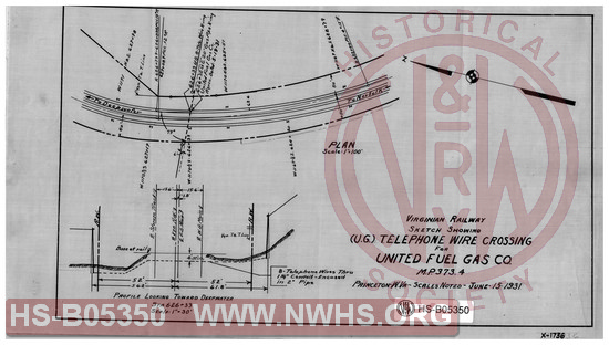 Virginian Railway Co., Sketch showing UG telephone wire crossing for United fuel gas co., MP-373.4; Princeton, W.VA.. scales noted.