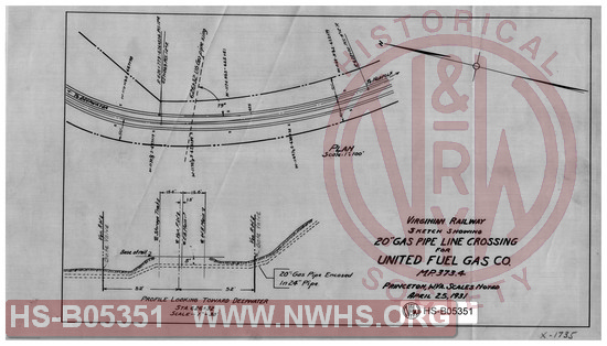 Virginian Railway Co., Sketch showing 20" gas pipeline crossing for United Fuel Gas Co.; MP-373.4; Princeton W.VA. scales noted