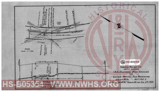 Virginian Railway Co., Sketch showing OH telephone wire crossing for Lester Mutual Tele. Association; Lester, W.VA MP 392.5, Princeton, W.VA., scales noted.