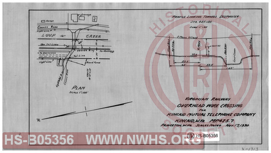 Virginian Railway Co., overhead wire crossing for Kincaid Mutual Telephone Co., Kincaid, W.VA; MP-425.7; Princeton, W.VA. Scales noted.