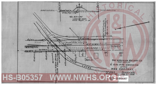 Virginian Railway Co., map showing 2" gas pipe crossing of the WAK Co., MP-426.3; Princeton, W.VA.; scales indicated