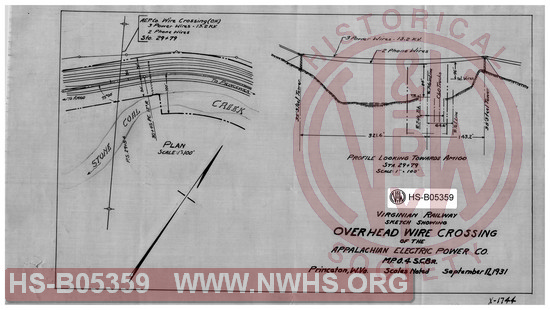 Virginian Railway Co., Sketch showing overhead wire crossing of the Appalachian Electric Power Co.  MP-0.4, S.C. Br.; Princeton, W.VA. scales noted.