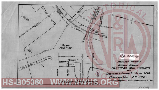 Virginian Railway Co., Sketch showing overhead wire crossing for Chesapeake & Potomac Tel. Co. of W.VA., Surveyor, W.VA.; MP-394.7; Princeton, W.VA., scales noted.