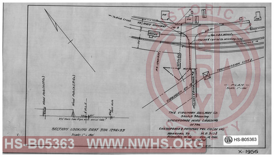 Virginian Railway Co. sketch showing undergrade wire crossing of the Chesapeake & Potomac Tel. C0. (of VA); Narrows, VA.; MP-317.3; Princeton, W.VA; Scales Noted