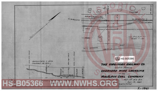 Virginian Railway Co. sketch showing overhead wire crossing of the MacAlpin Coal Co., Hot Coal, W.VA; MP-17.5, W.G. Br.; Princeton, W.VA.; Scales noted.
