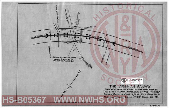 Virginian Railway Co., Easement across right of way required by the state road commission of W.VA; Dothan, Fayette County, W.VA., MP-414.6; Norfolk, VA.; Scale 1"=100'.