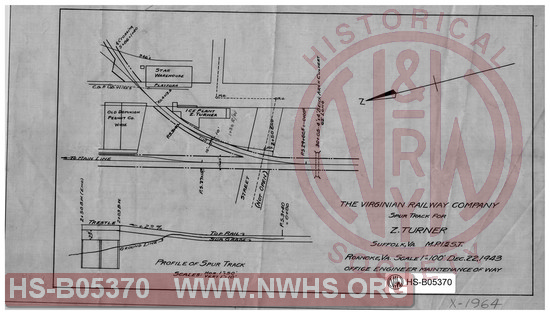 Virginian Railway Co., Spur track for Z. Turner, Suffolk, VA- MP-1.5 S.T.; Roanoke, VA., Scale: 1"=100'.