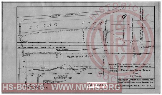 Virginian Railway Co., Proposed spur track for I.H. Toler, New River Division- MP-5.0, Morri Br.; Scales noted.