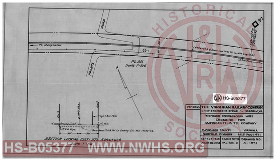 Virginian Railway Co., Proposed underground wire crossing for American Tel. & Tel. Co., Brunswick County, VA., Norfolk Division- MP-97.1. Scales noted.