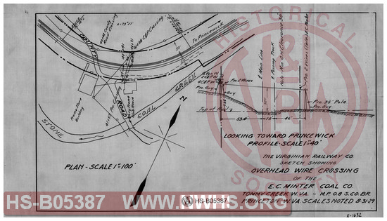 Virginian Railway Co., Sketch showing overhead wire crossing of the E.C. Minter Coal Co., Tommy Creek W.VA., MP-0.8 S.Co. Br.,; Princeton, W.VA.; Scales noted.