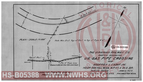 Virginian Railway Co., Sketch showing U.G. gas pipe crossing for Godfrey L. Cabot Inc. near Oak Hill, W.VA.; MP-C-1.3, W.O. Br.; Office of Div. Eng., Princeton, W.VA.; scales noted.