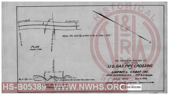 Virginian Railway Co., Sketch showing U.G. gas pipe crossing for Godfrey L. Cabot Inc., near Summerlee, W.VA.; MP-4.2, W.O. Br.; Office of Division Engineer- Princeton, W.VA.; Scales noted