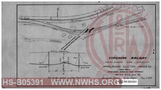 Virginian Railway Co., Sketch showing wire crossing Appalachian Electric Power Co. mine track (Fire Creek Smokeless Coal Company), MP-7.4, Stone Coal Branch
