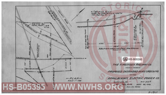 Virginian Railway Co., Sketch showing proposed overhead wire crossing of the Appalachian Electric Power Co., Glen Lyn, VA., MP-323.5; Princeton, W.VA.