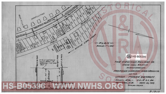 Virginian Railway Co., Stone Coal Branch sketch showing proposed overhead wire crossing of the union power company; Rhodell, W.VA.;
