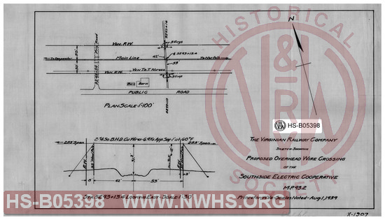 Virginian Railway Co., Sketch showing proposed overhead wire crossing of the Southside Electric Cooperative, MP-93.2; Princeton, W.VA.