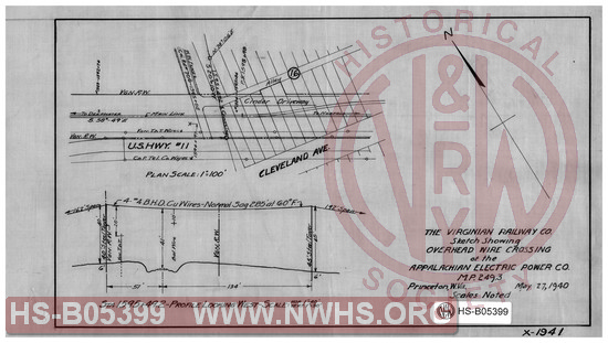 Virginian Railway Co., Sketch showing overhead wire crossing of the Appalachian Electric Power Co., MP-249.3; Princeton, W.VA;