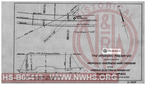 Virginian Railway Co., sketch showing proposed overhead wire crossing of the Virginia Electric & Power Co.; Purdy, VA.- MP-80.0; Princeton, W.VA.; scales noted