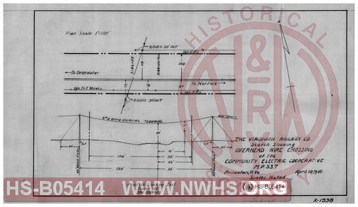 Virginian Railway Co., Sketch showing overhead wire crossing of the Community Electric Cooperative- MP-53.7; Princeton, W.VA.