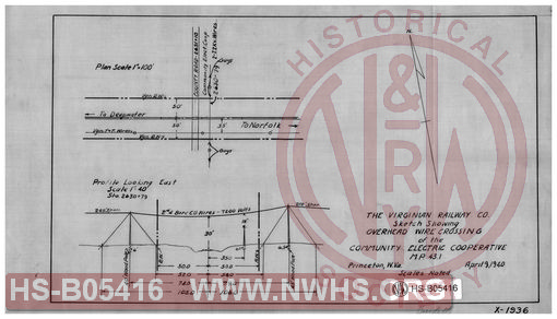 Virginian Railway Co., Sketch showing overhead wire crossing of the Community Electric Cooperative- MP-43.1; Princeton, W.VA.