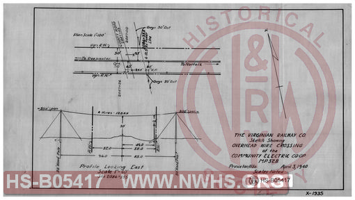 Virginian Railway Co., Sketch showing overhead wire crossing of the Community Electric Cooperative- MP-32.8; Princeton, W.VA.