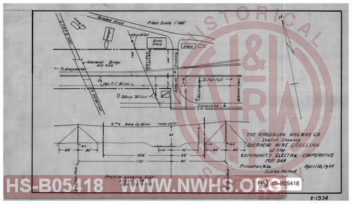 Virginian Railway Co., Sketch showing overhead wire crossing of the Community Electric Cooperative- MP-54.4; Princeton, W.VA.