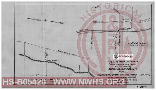 Virginian Railway Co., (Long Branch Mine Track) sketch showing overhead wire crossing of the Chesapeake & Potomac Telephone Co. (of W.VA), Long Branch, W.VA., MP-409.9; Princeton, W.VA.; scales noted.