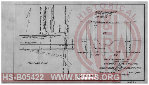 Virginian Railway Co., sketch showing overhead wire crossing of the Mecklenburg Electric Cooperative, MP-85.3, Princeton, W.VA., scales noted.