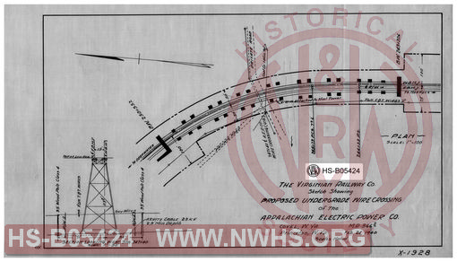 The Virginian Railway Co., sketch showing proposed undergrade wire crossing of the Appalachian Electric Power Co., Covel, W.VA. MP-366.2; Princeton, W.VA. scales noted.
