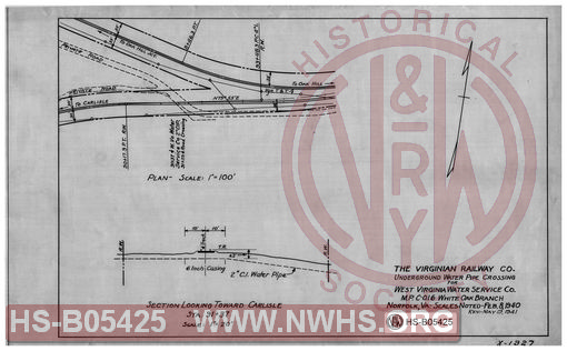 Virginian Railway Co., underground water pipe crossing for West Virginia Water Service Co., MP.C-0.16., White Oak Branch; Norfolk, VA.- Scales noted.