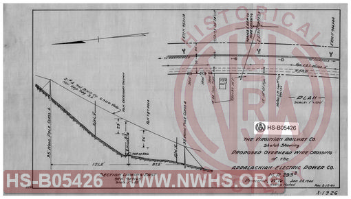 Virginian Railway Co., sketch showing proposed overhead wire crossing of the Appalachian Electric Power Co., MP-293.9; Princeton, W.VA.; Scales noted.