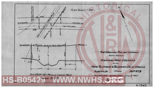 Virginian Railway Co., sketch showing overhead wire crossing of the Home Telephone & Telegraph Co. of Virginia, Alberta, VA., MP-97.3; Princeton, W.VA., Scales noted