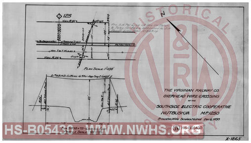 Virginian Railway Co., overhead wire crossing of the Southside Electric Cooperative, Nutbush, VA. MP-125.0; Princeton, W.VA.; Scales noted