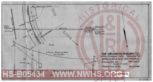 Virginian Railway Co., 6.9 KV. overhead wire crossing for Appalachian Electric Power Co., Eggleston, VA.; MP-298.4; Princeton, W.VA. Scale: 1"=100'.