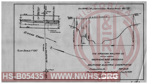 Virginian Railway Co., Sketch showing overhead wire crossing of the Southside Electric Cooperative, Huddleston, VA.; Princeton, W.VA., MP-211.8; scales noted