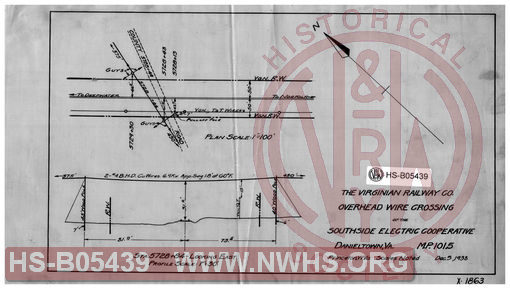 Virginian Railway Co., Sketch showing overhead wire crossing of the Southside Electric Power Co., Danieltown, VA.;  MP-101.5; Princeton, W.VA.