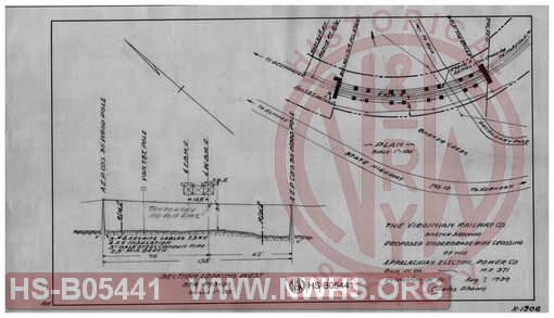 Virginian Railway Co., Sketch showing proposed undergrade wire crossing of the Appalachian Electric Power Co., Bud, W.VA., MP-371; Princeton, W.VA. scales noted.